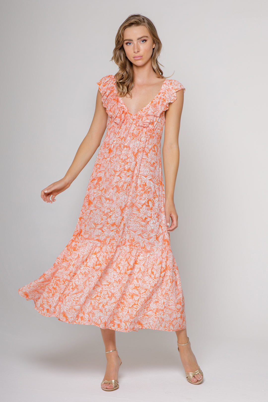 Print Flutter Sleeve Maxi Dress - Lavender Brown