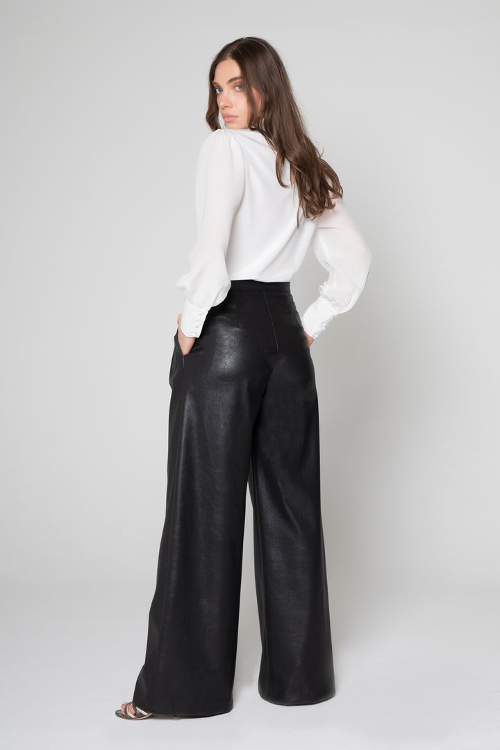 Wide Leg Faux Leather Pants - Lavender Brown