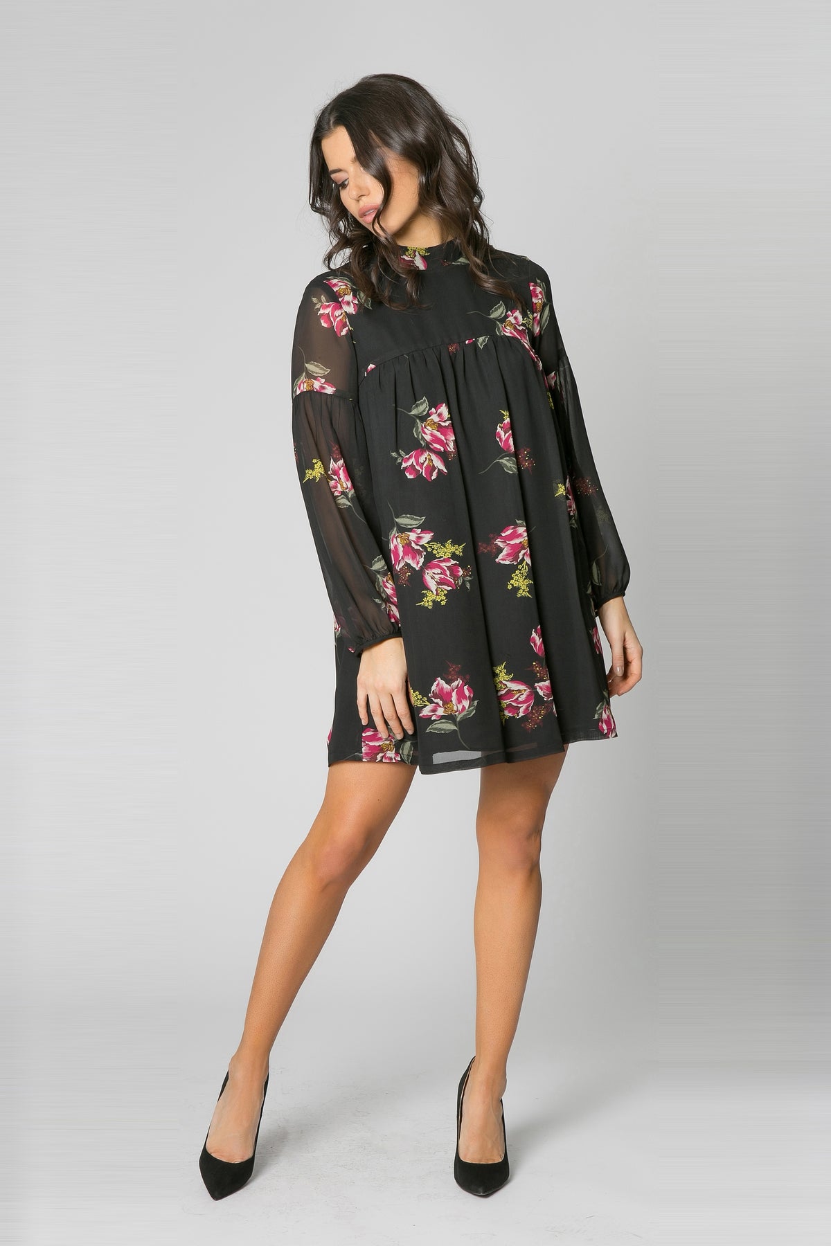 Black High Neck Floral Tunic Dress | by Lavender Brown