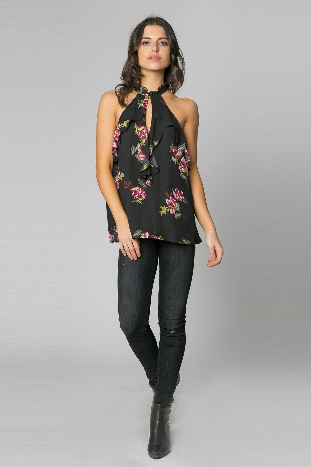 Black Sleeveless High Neck Floral Top - Lavender Brown