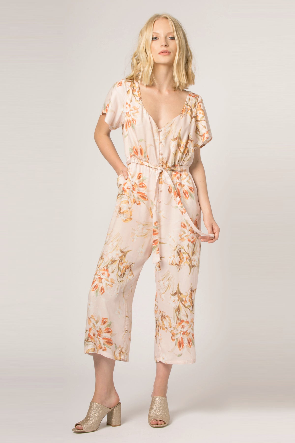 Short sleeve floral jumpsuit sale