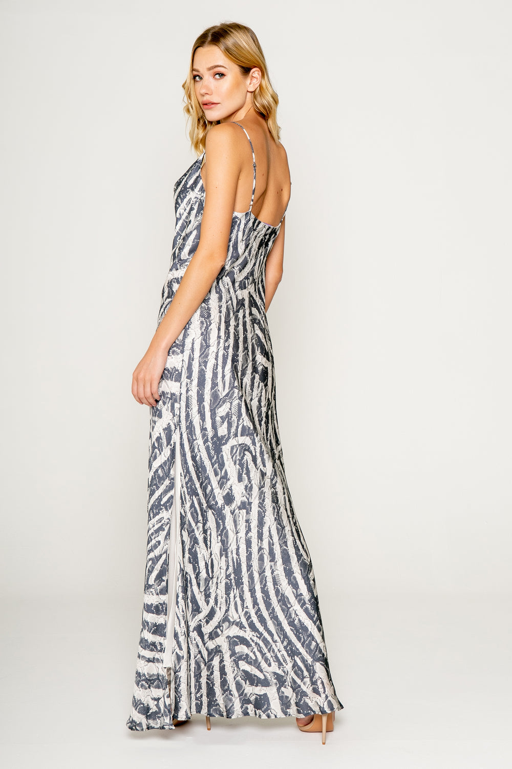 Netural Zebra Printed Cawl Neck Bias Maxi Dress - Lavender Brown