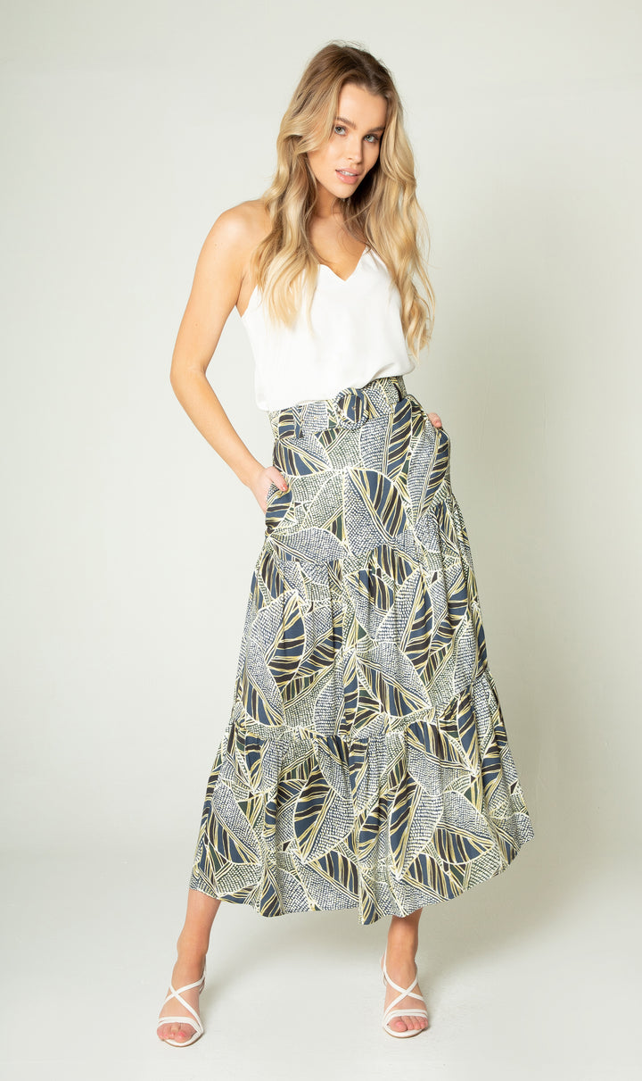 Leaf Printed Full Maxi Skirts - Lavender Brown