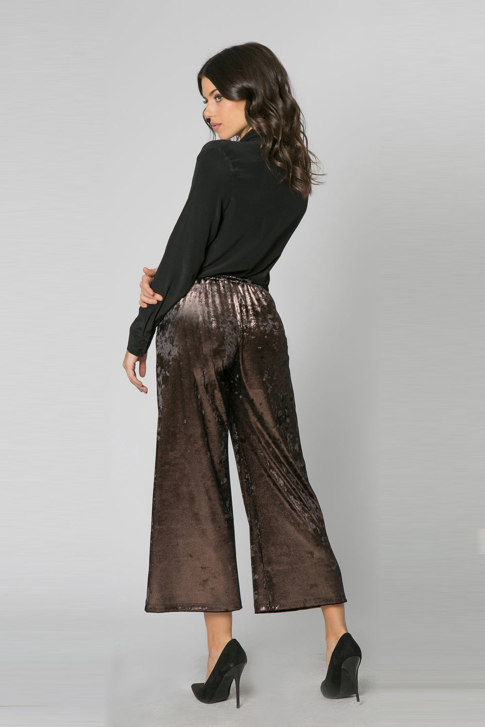 Black & Bronze Velvet Wide Leg Pants - Lavender Brown