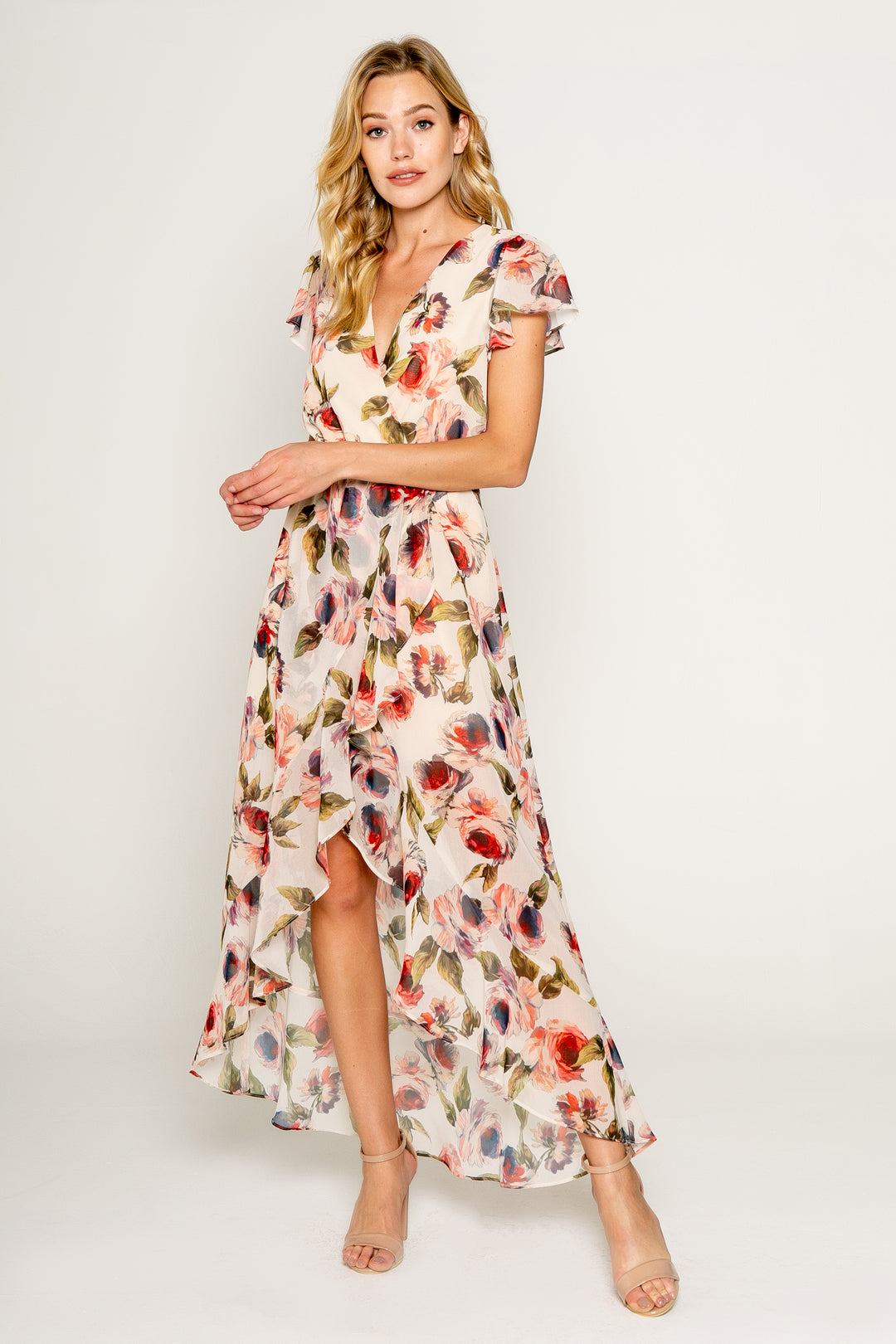 Floral Printed Short Sleeve Wrap Maxi Dress - Lavender Brown