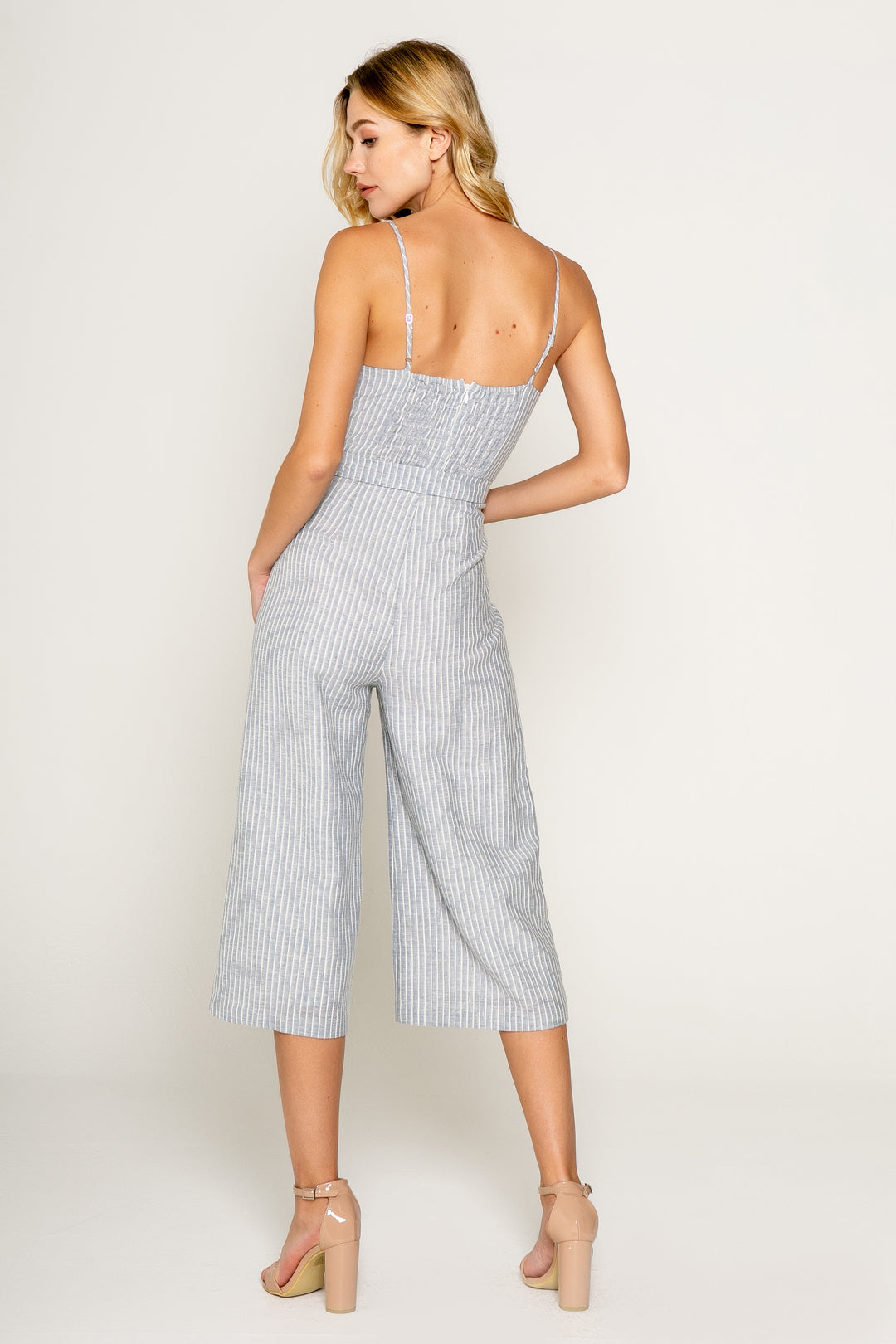 Yarn Dye Striped Cropped Jumpsuit - Lavender Brown