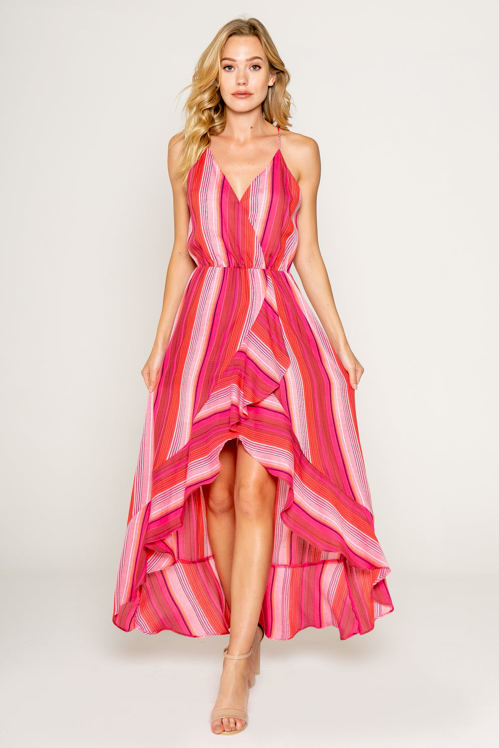 Pink Yarn Dye Stripe Maxi Dress w/Ruffle - Lavender Brown