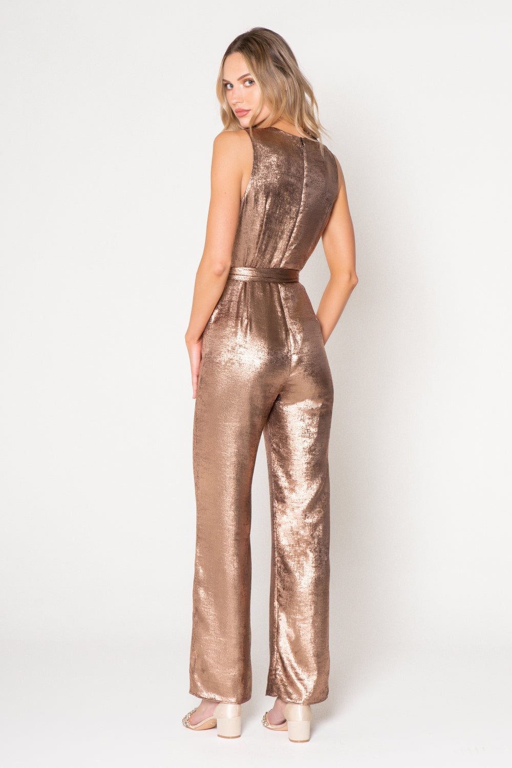 Rose Gold Metallic Sleeveless Jumpsuit - Lavender Brown