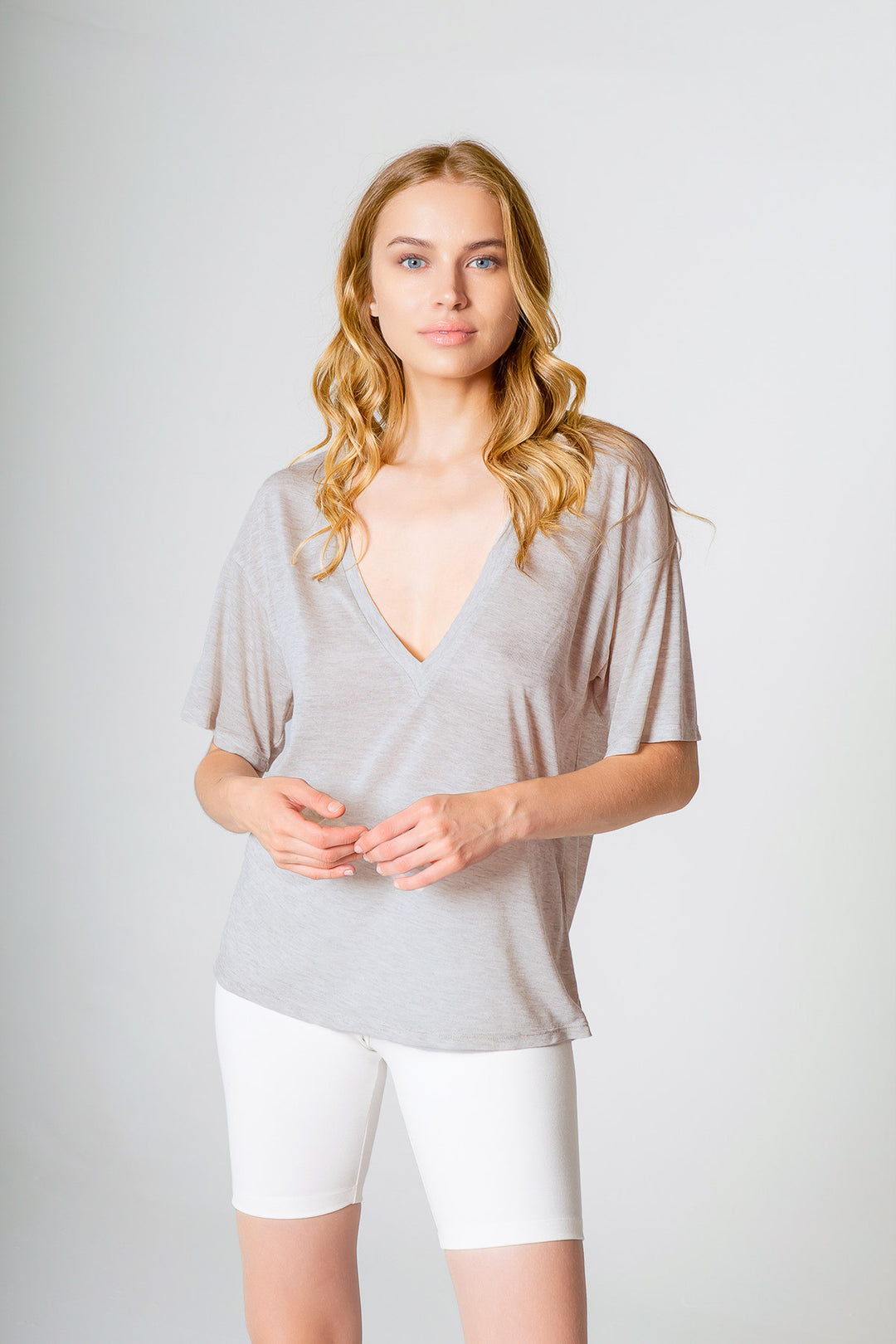 V Neck Boxy Tee - Lavender Brown