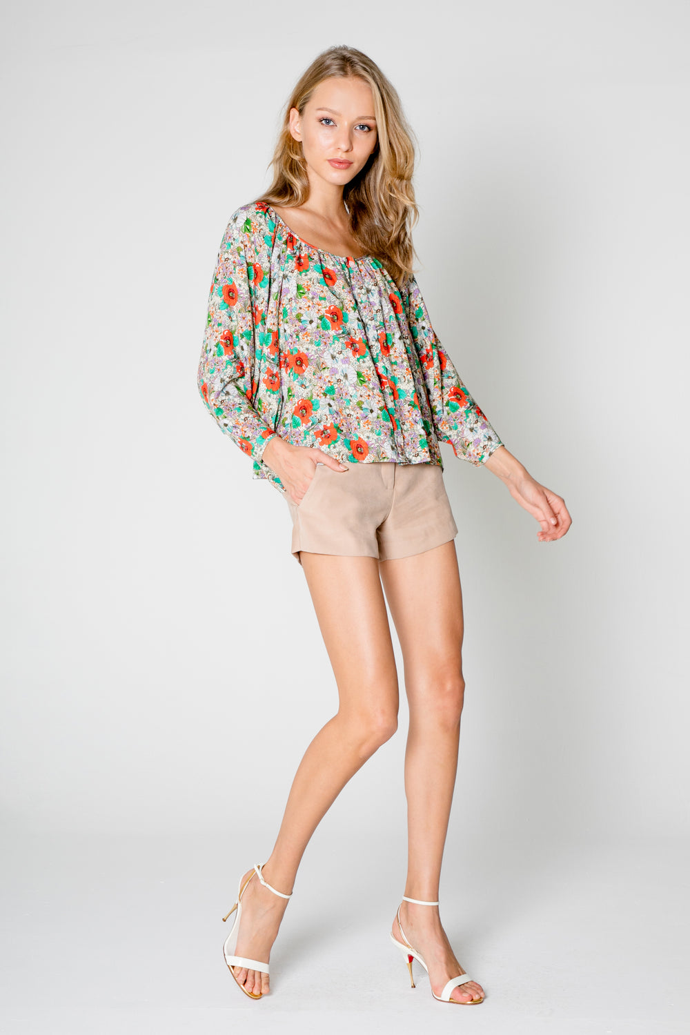 Floral Printed Button Down Long Sleeve Top - Lavender Brown