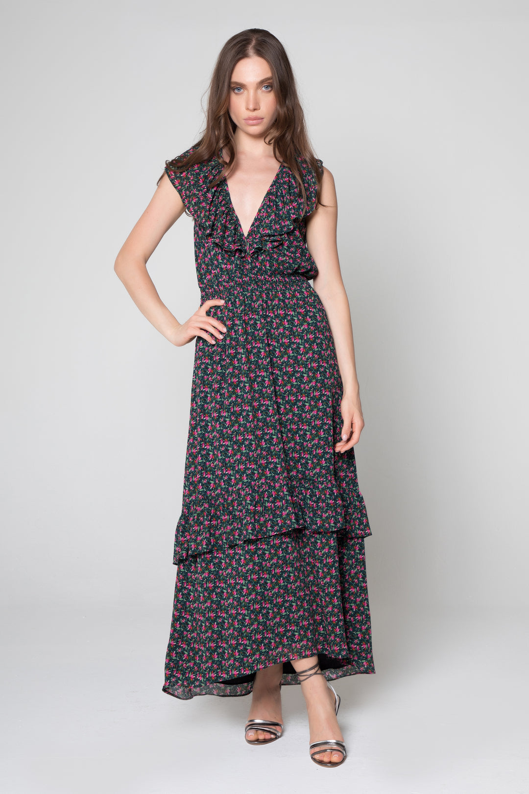 V Neck Layered Maxi Dress - Lavender Brown