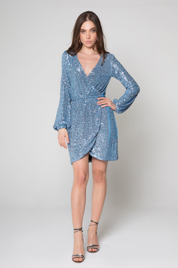 Sequin Wrap Mini Dress - Lavender Brown