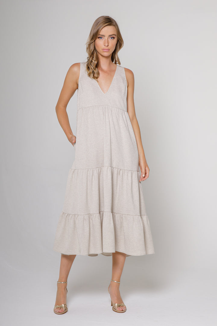 Tiered Midi Dress with Self Belt - Lavender Brown